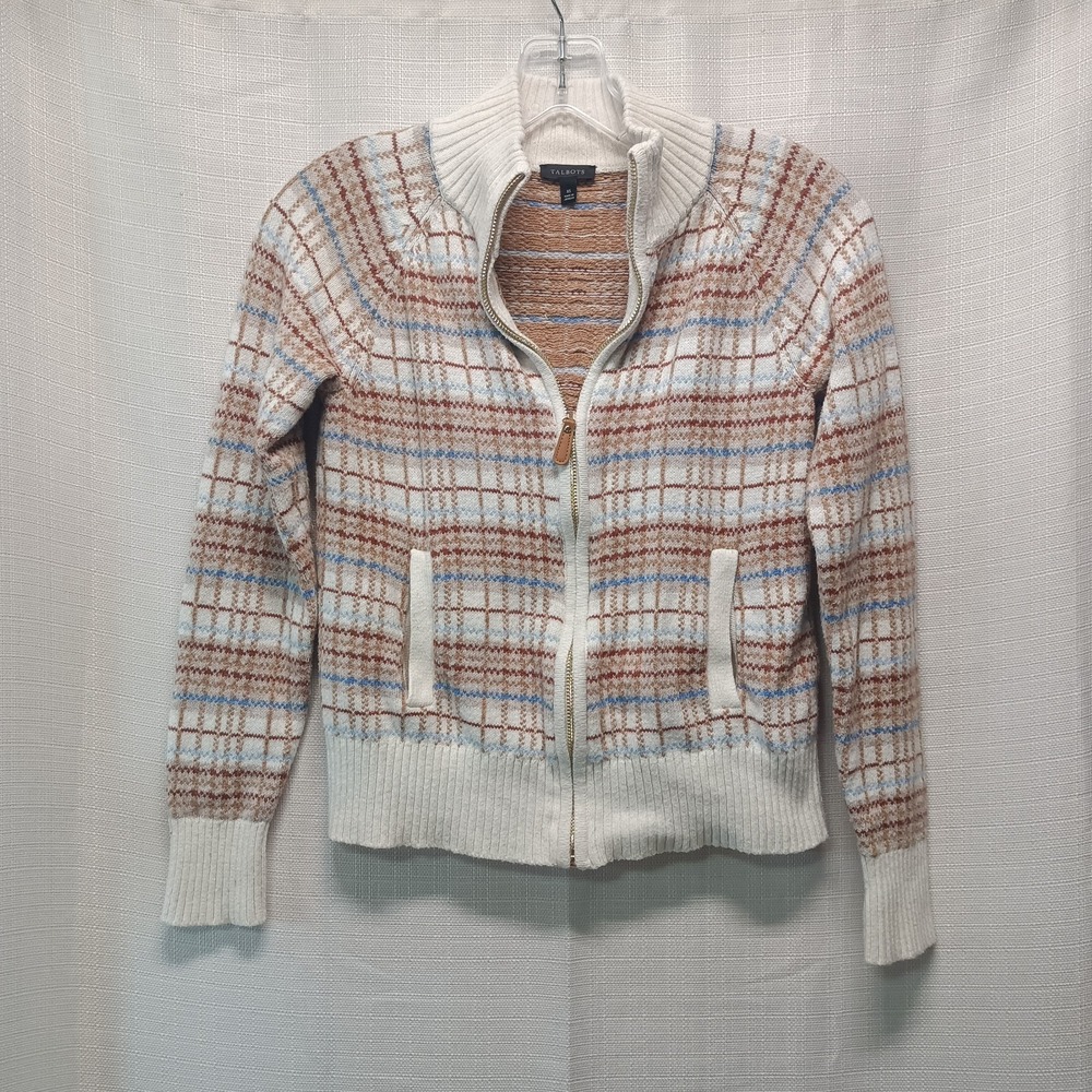Talbots‎ Full Zip Cardigan Sweater Women's XS Multicolor Plaid Casual Wool Blend